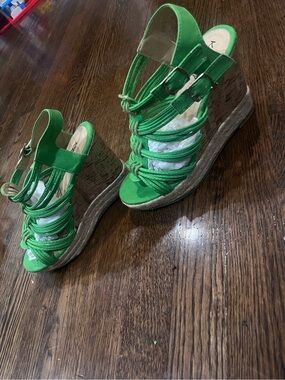 Green Strappy Wedge Sandals - Women